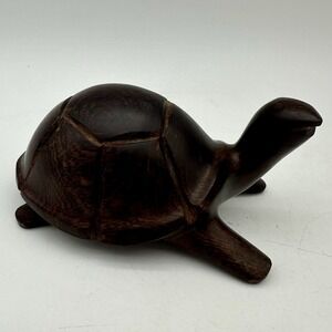 Hand Carved Wooden Turtle figurine 5" Dark Wood Grain Desk Decor Paperweight